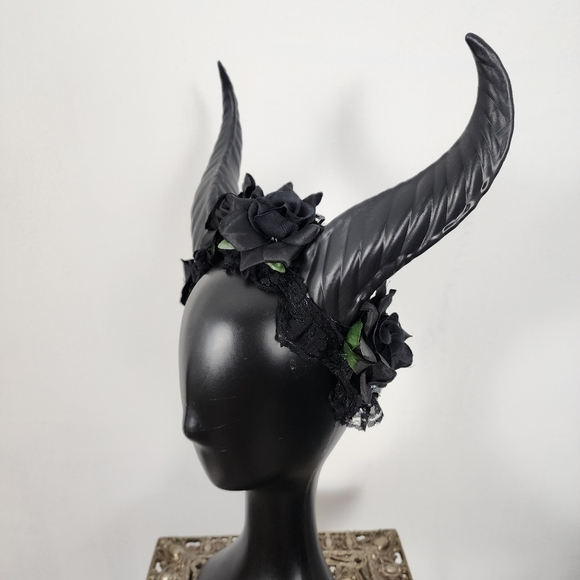 Krampus Horns Straight Pointy Devil Demon Headband Black Rose Costume Head Piece - Picture 4 of 6
